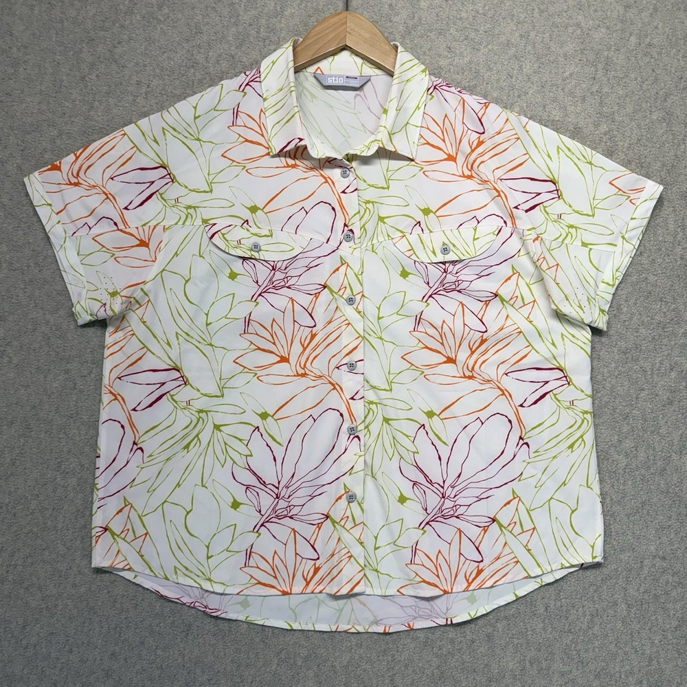 Stio Womens Large Floral Short Sleeve Button Down Shirt Outdoor Hiking